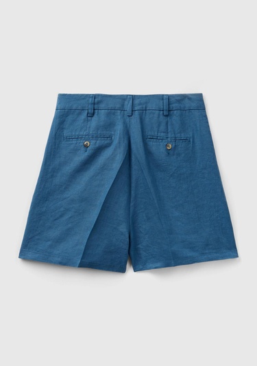  Kadın Gece Mavisi %100 Keten Kısa Şort