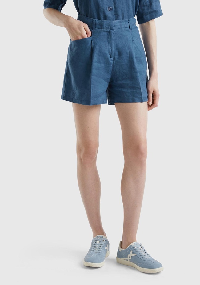  Kadın Gece Mavisi %100 Keten Kısa Şort