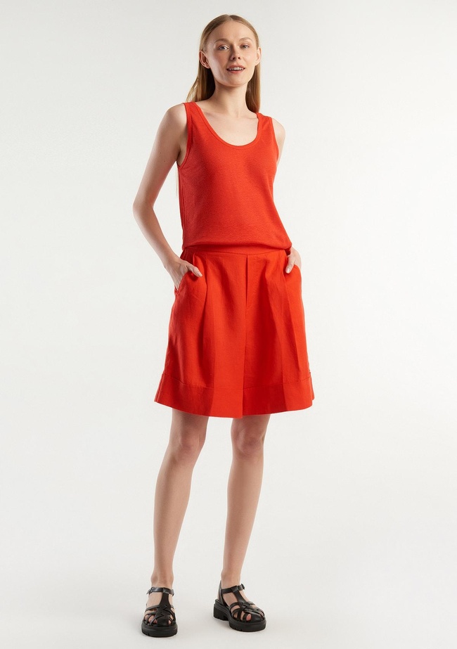  Kadın Kırmızı %100 Keten Beli Lastikli  Bermuda Şort