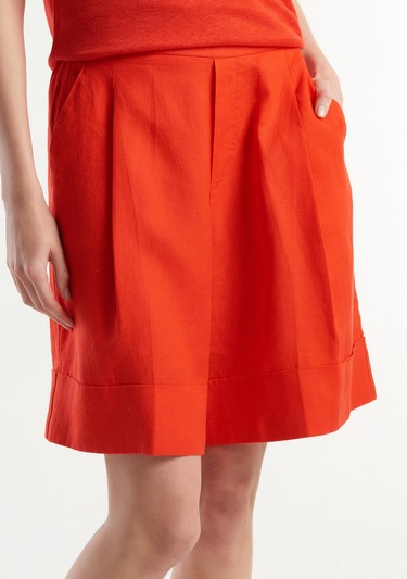  Kadın Kırmızı %100 Keten Beli Lastikli  Bermuda Şort