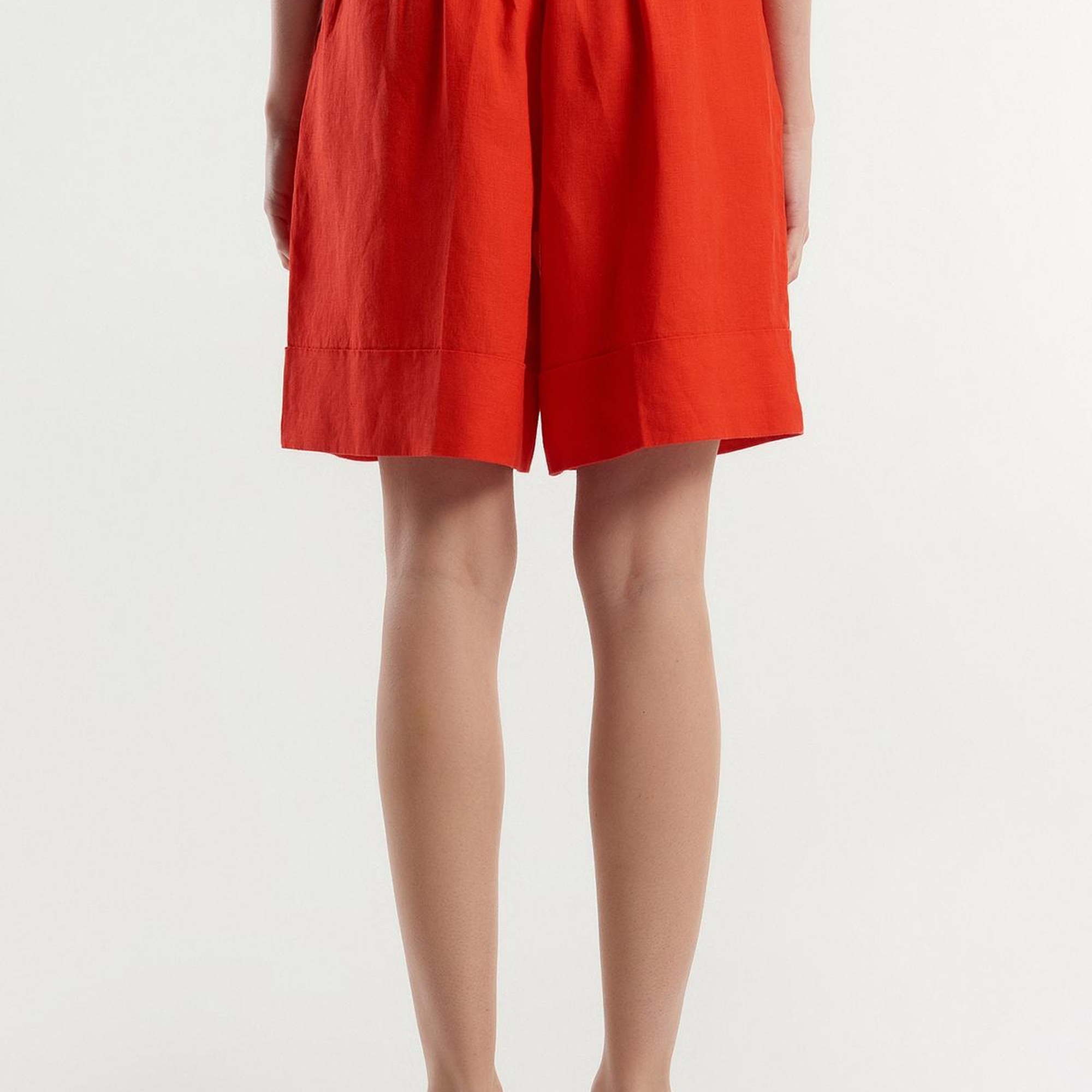 Kadın Kırmızı %100 Keten Beli Lastikli  Bermuda Şort