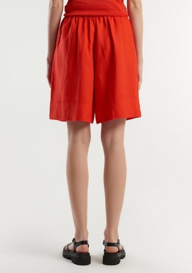  Kadın Kırmızı %100 Keten Beli Lastikli  Bermuda Şort