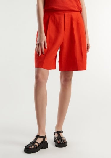  Kadın Kırmızı %100 Keten Beli Lastikli  Bermuda Şort