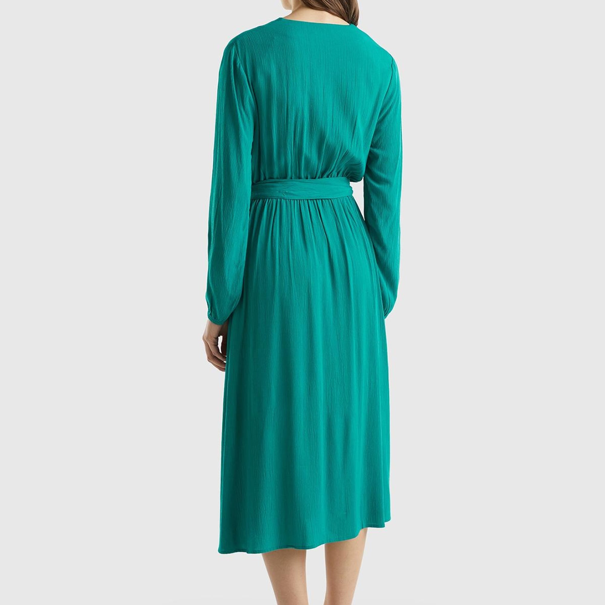 Kadın Petrol Yeşili %100 Viskoz Beli Kuşaklı Uzun Kollu Kruvaze Elbise