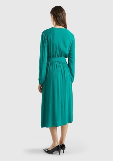  Kadın Petrol Yeşili %100 Viskoz Beli Kuşaklı Uzun Kollu Kruvaze Elbise