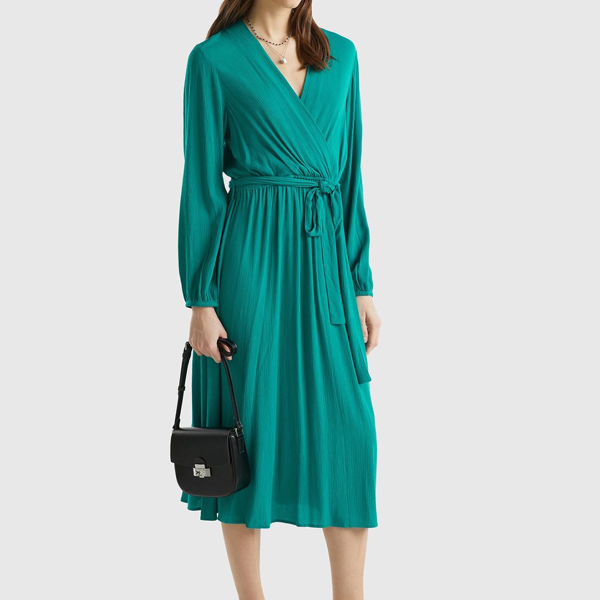 Kadın Petrol Yeşili %100 Viskoz Beli Kuşaklı Uzun Kollu Kruvaze Elbise