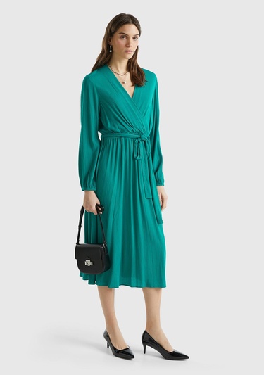  Kadın Petrol Yeşili %100 Viskoz Beli Kuşaklı Uzun Kollu Kruvaze Elbise