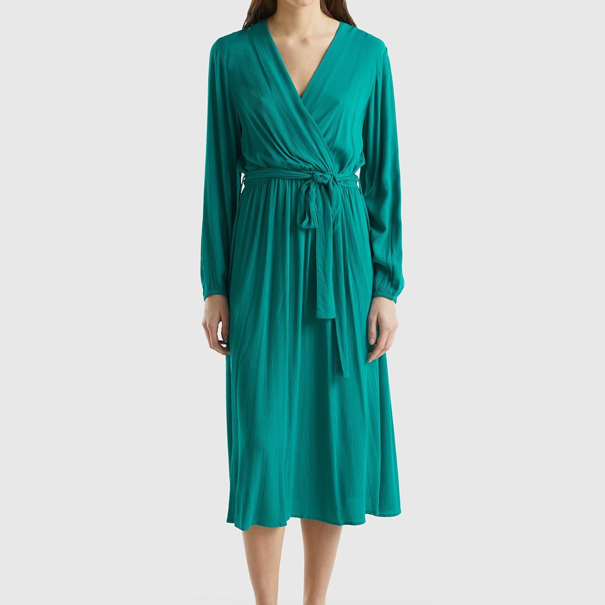 Kadın Petrol Yeşili %100 Viskoz Beli Kuşaklı Uzun Kollu Kruvaze Elbise