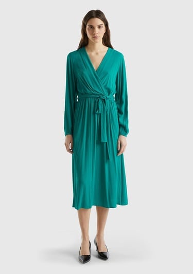  Kadın Petrol Yeşili %100 Viskoz Beli Kuşaklı Uzun Kollu Kruvaze Elbise