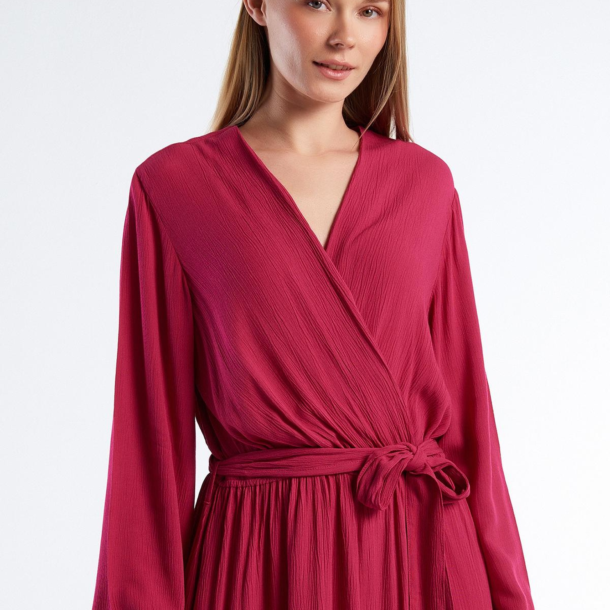 Kadın Fuşya %100 Viskoz Beli Kuşaklı Uzun Kollu Kruvaze Elbise