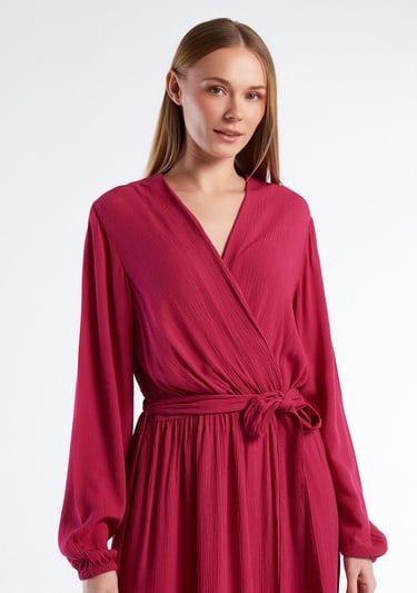  Kadın Fuşya %100 Viskoz Beli Kuşaklı Uzun Kollu Kruvaze Elbise