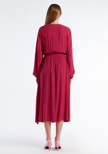 Kadın Fuşya %100 Viskoz Beli Kuşaklı Uzun Kollu Kruvaze Elbise