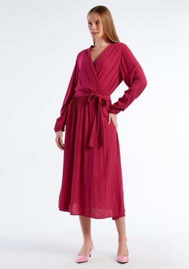 Kadın Fuşya %100 Viskoz Beli Kuşaklı Uzun Kollu Kruvaze Elbise