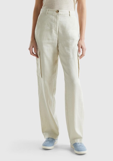  Kadın Bej %100 Keten Kargo Pantolon