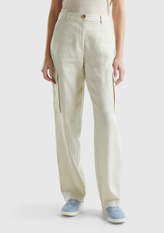  Kadın Bej %100 Keten Kargo Pantolon