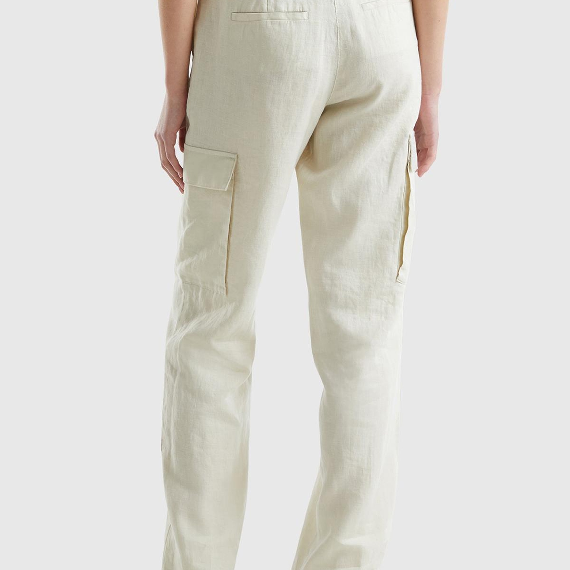 Kadın Bej %100 Keten Kargo Pantolon