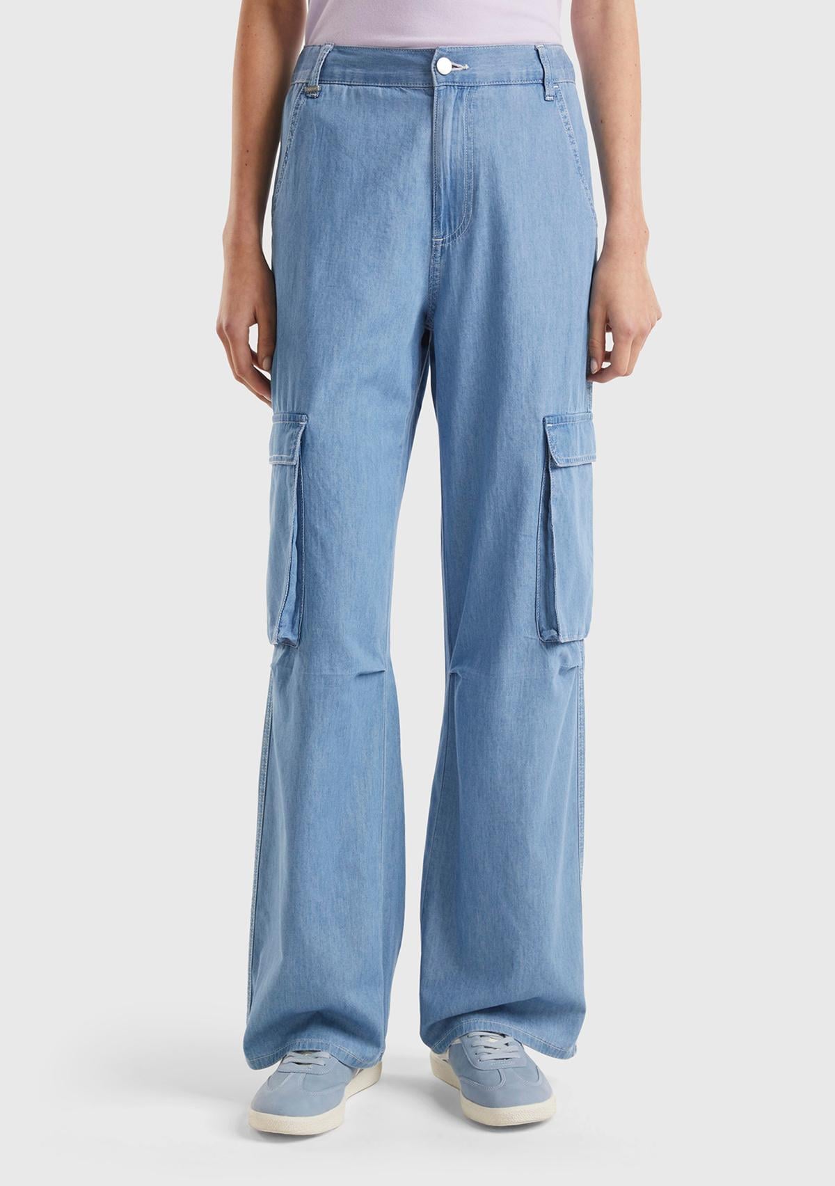  Kadın Mavi %100 Pamuk Yama Cepli Kemer Delikli Denim Kargo Pantolon