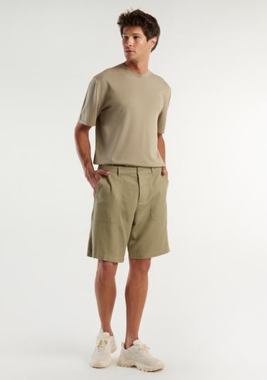 Erkek Haki Pamuk Karışımlı Büyük Yama Cepli Bermuda Şort