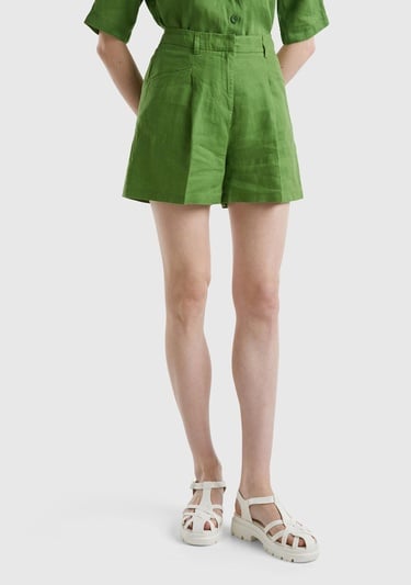  Kadın Soluk Yeşil %100 Keten Kısa Şort