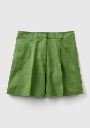  Kadın Soluk Yeşil %100 Keten Kısa Şort
