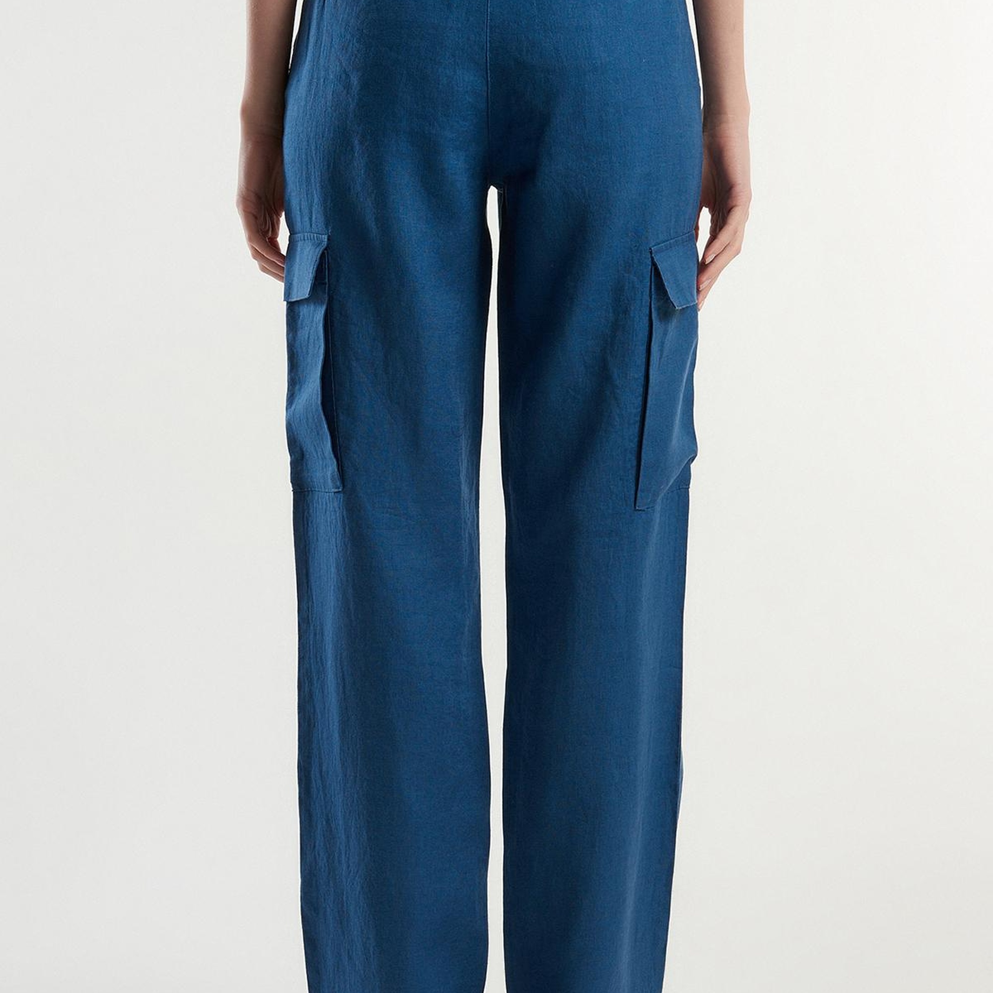 Kadın Gece Mavisi %100 Keten Kargo Pantolon