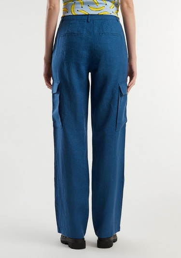  Kadın Gece Mavisi %100 Keten Kargo Pantolon