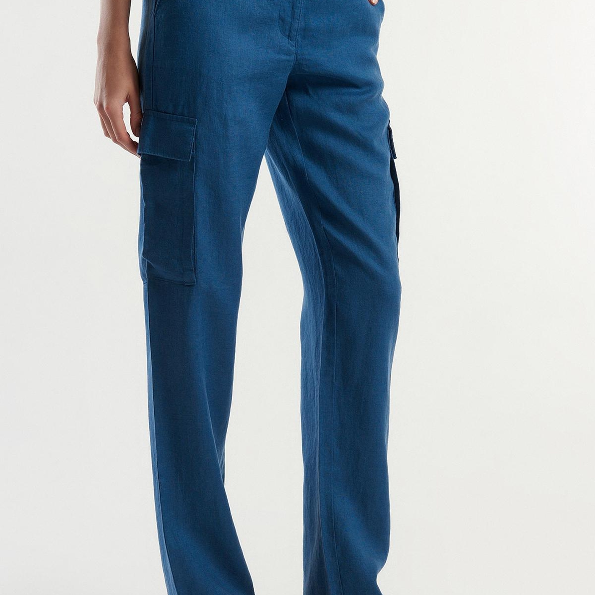 Kadın Gece Mavisi %100 Keten Kargo Pantolon