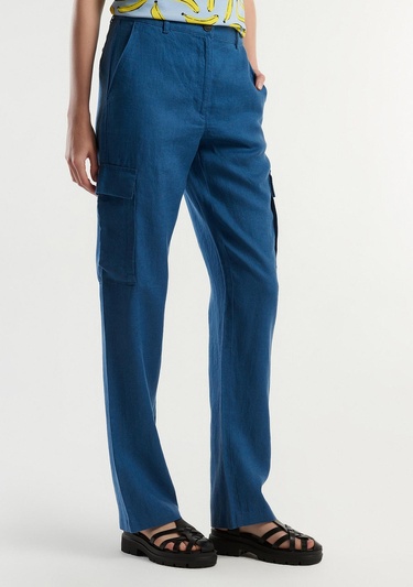  Kadın Gece Mavisi %100 Keten Kargo Pantolon