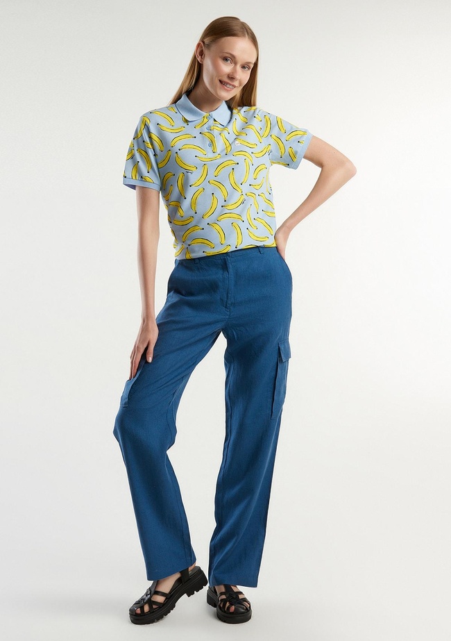  Kadın Gece Mavisi %100 Keten Kargo Pantolon