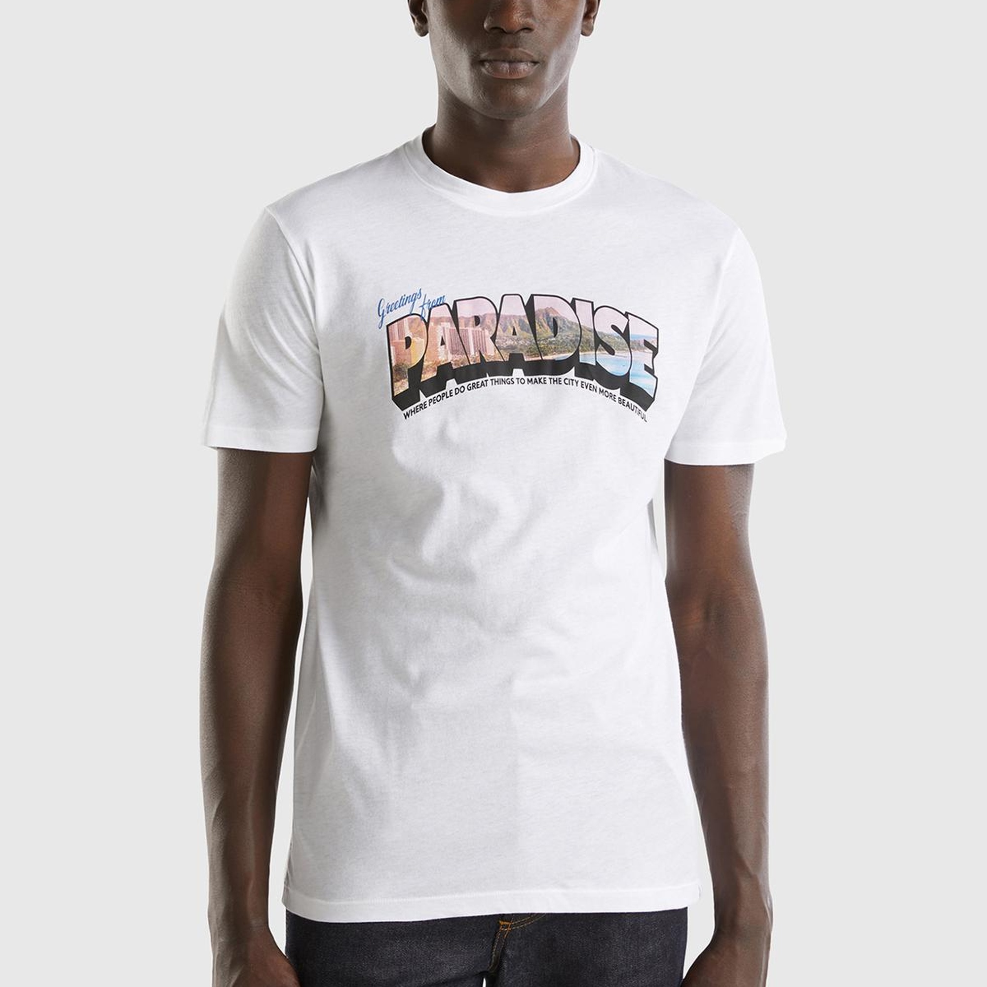 Erkek Beyaz %100 Pamuk Önü Fotoğraf Baskılı Dekoratif Dikişli T-Shirt