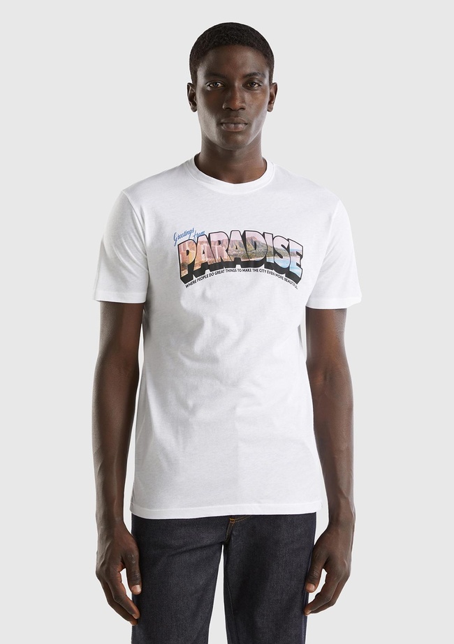  Erkek Beyaz %100 Pamuk Önü Fotoğraf Baskılı Dekoratif Dikişli T-Shirt