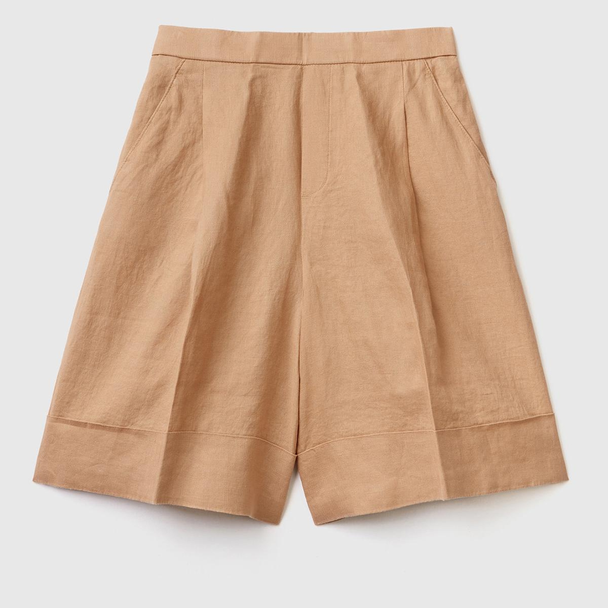 Kadın Taba %100 Keten Beli Lastikli  Bermuda Şort