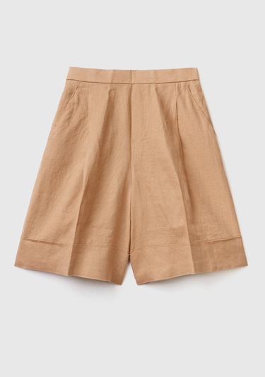  Kadın Taba %100 Keten Beli Lastikli  Bermuda Şort