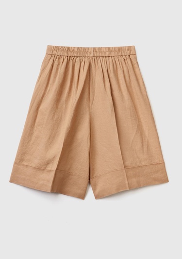  Kadın Taba %100 Keten Beli Lastikli  Bermuda Şort
