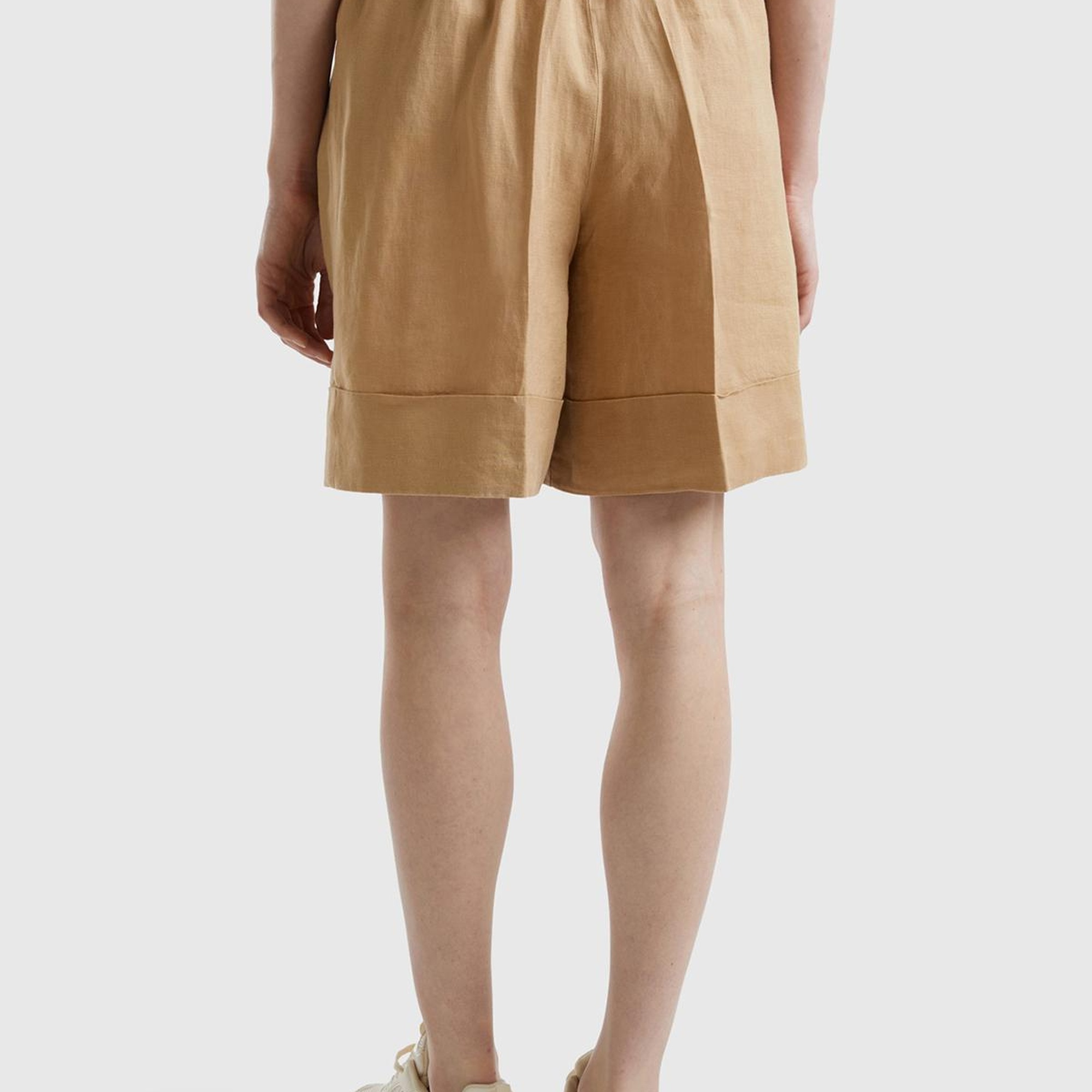 Kadın Taba %100 Keten Beli Lastikli  Bermuda Şort