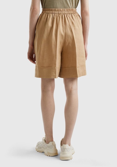  Kadın Taba %100 Keten Beli Lastikli  Bermuda Şort