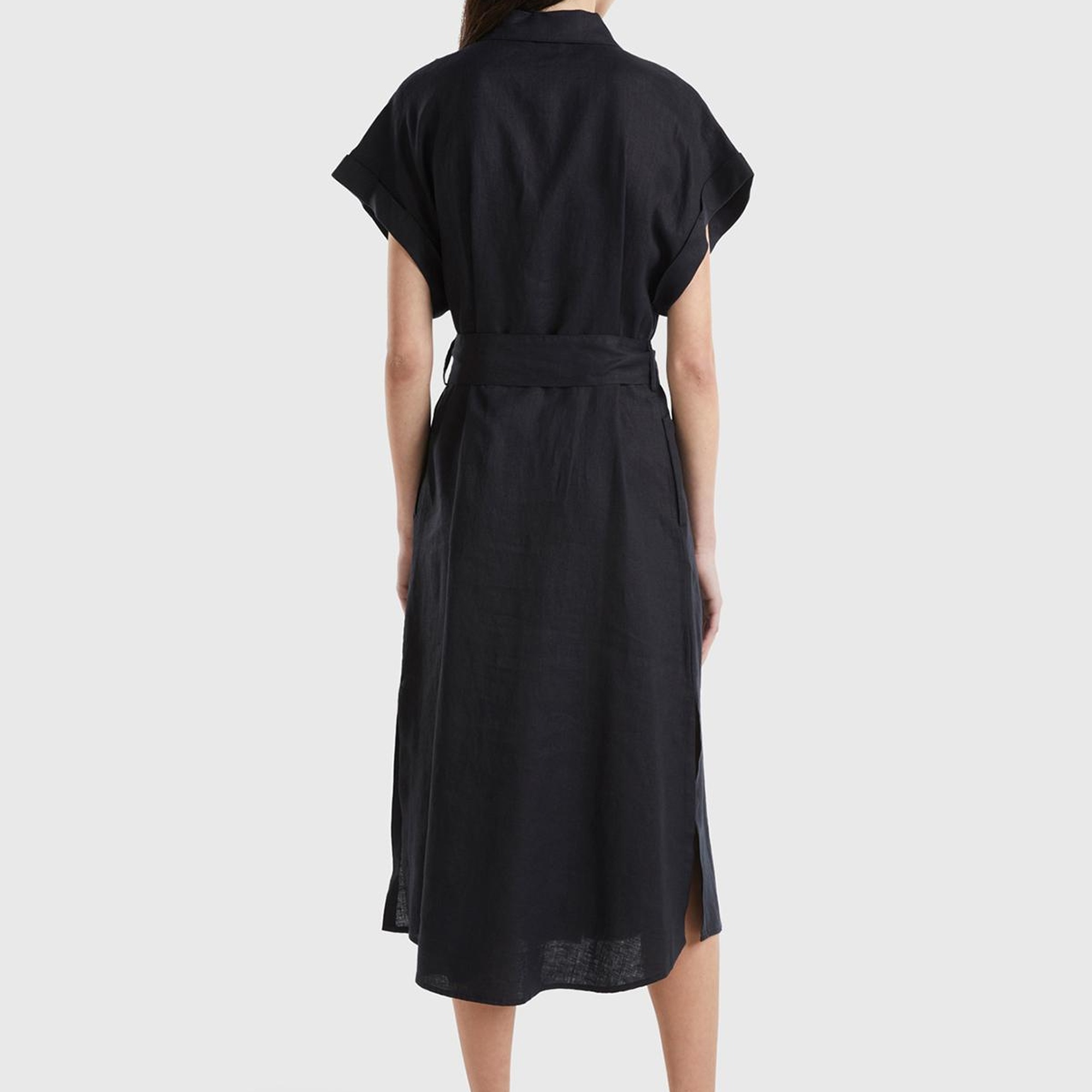 Kadın Siyah %100 Keten Önü Düğme Kapamalı Beli Kuşaklı Midi Elbise