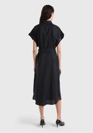  Kadın Siyah %100 Keten Önü Düğme Kapamalı Beli Kuşaklı Midi Elbise