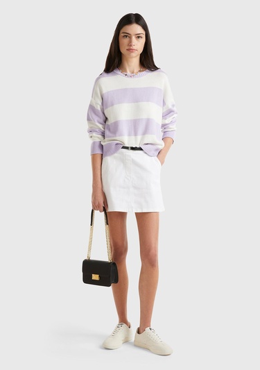  Kadın Beyaz Streç Pamuklu Yan Fermuarlı Mini Etek