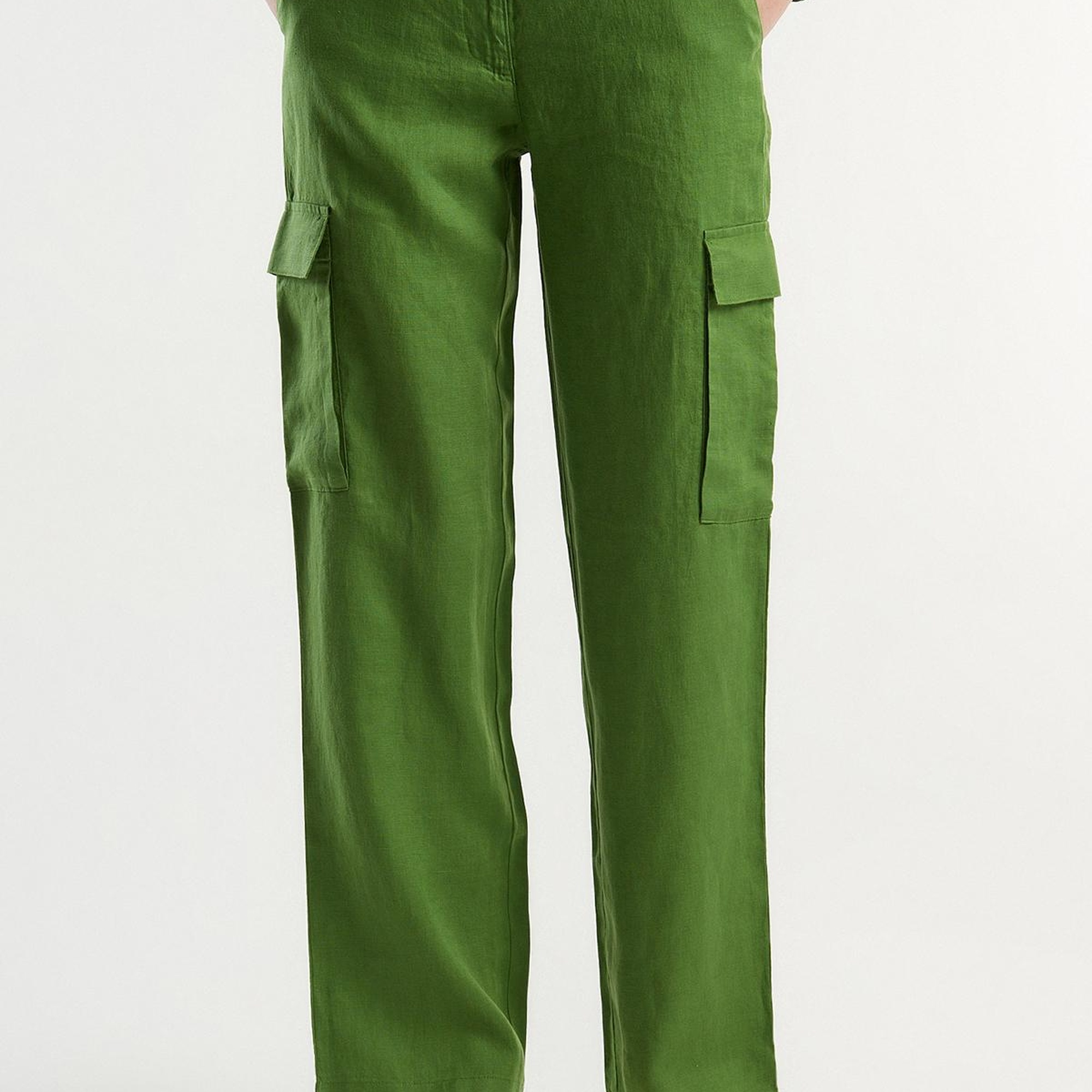 Kadın Soluk Yeşil %100 Keten Kargo Pantolon