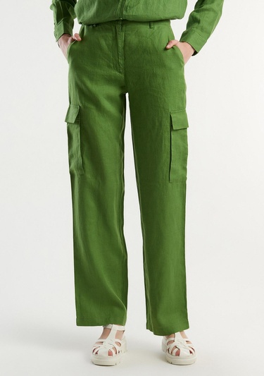  Kadın Soluk Yeşil %100 Keten Kargo Pantolon