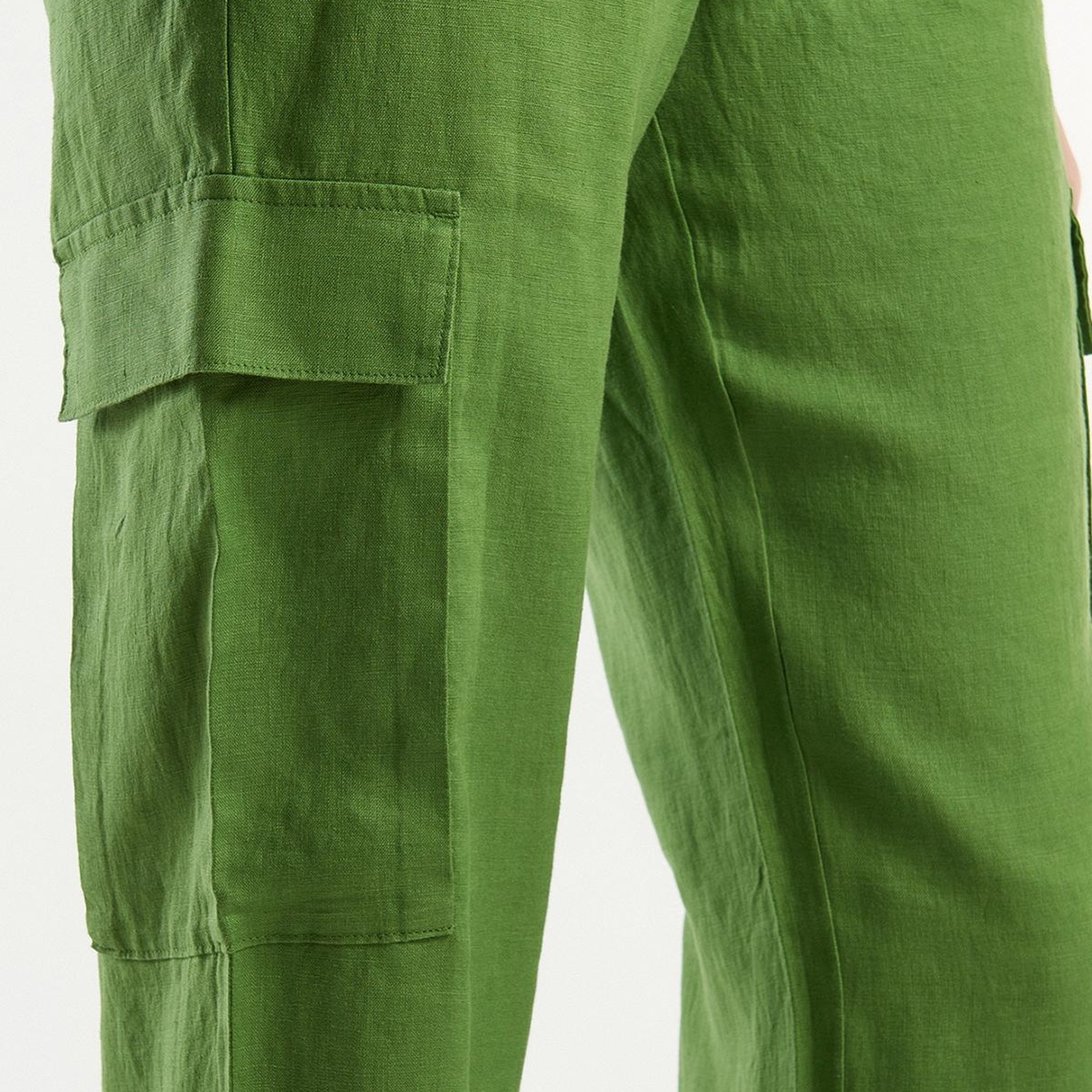 Kadın Soluk Yeşil %100 Keten Kargo Pantolon
