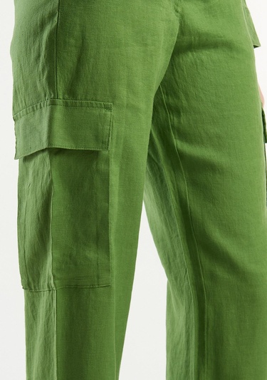 Kadın Soluk Yeşil %100 Keten Kargo Pantolon