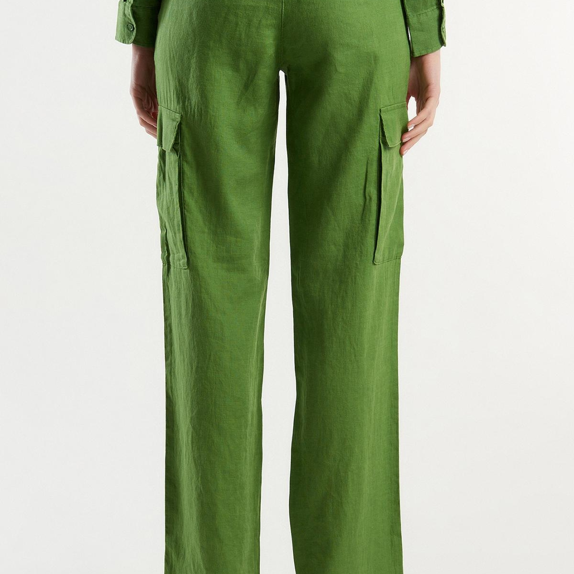 Kadın Soluk Yeşil %100 Keten Kargo Pantolon