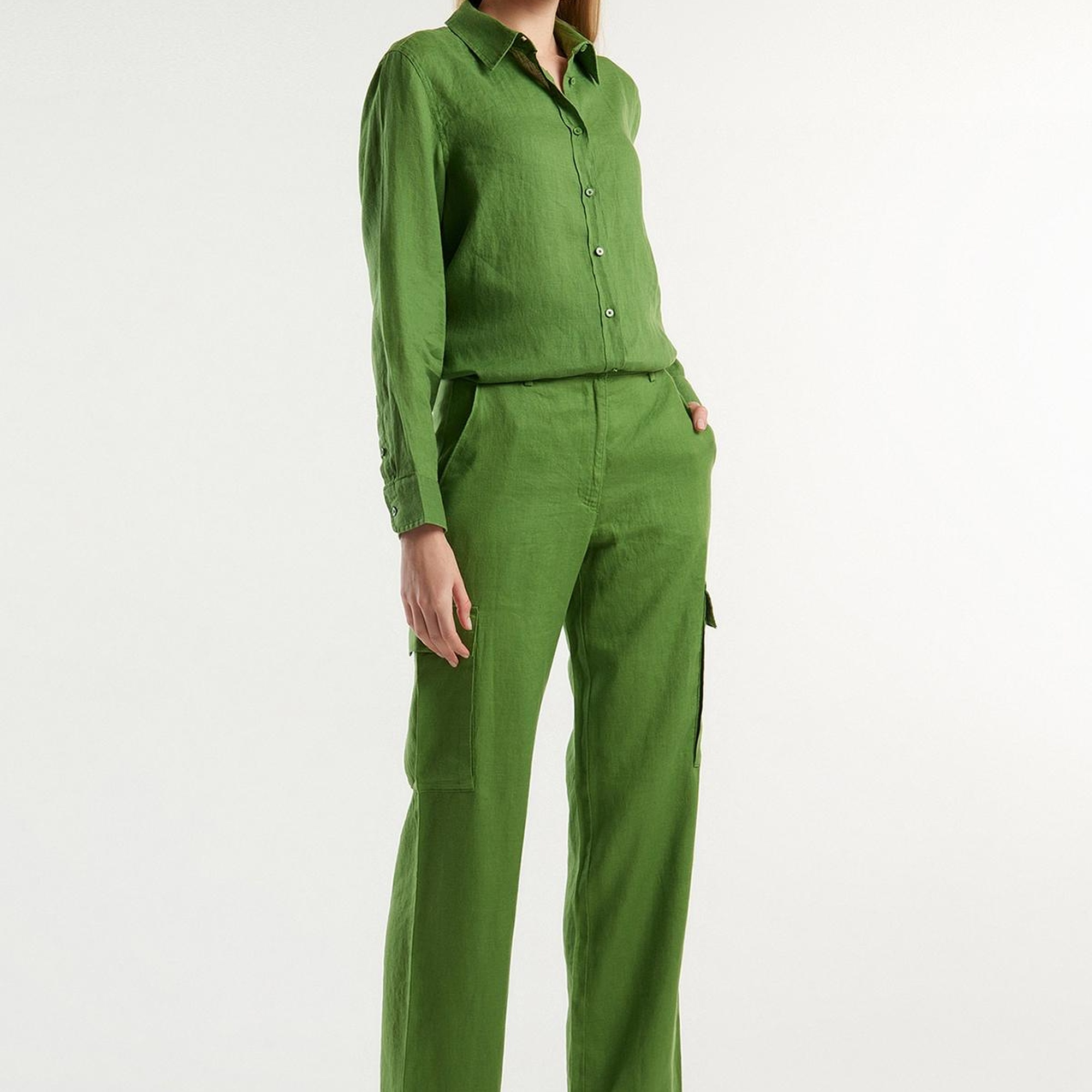 Kadın Soluk Yeşil %100 Keten Kargo Pantolon