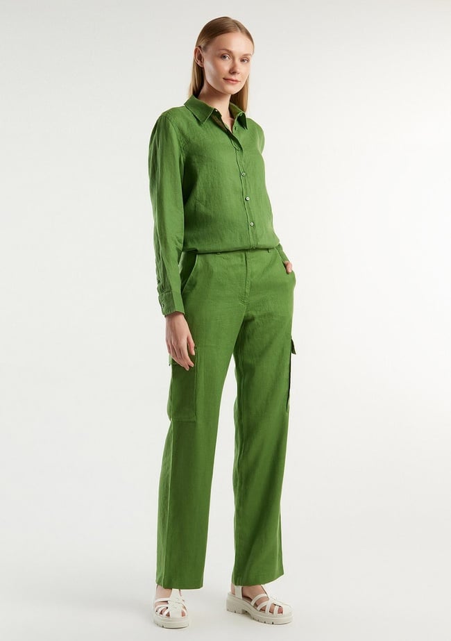  Kadın Soluk Yeşil %100 Keten Kargo Pantolon