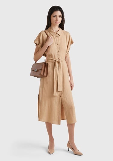  Kadın Taba %100 Keten Önü Düğme Kapamalı Beli Kuşaklı Midi Elbise