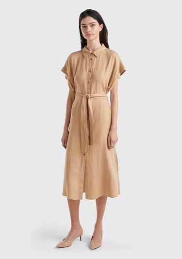  Kadın Taba %100 Keten Önü Düğme Kapamalı Beli Kuşaklı Midi Elbise
