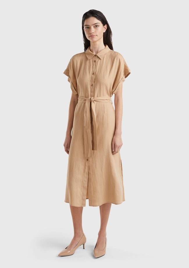  Kadın Taba %100 Keten Önü Düğme Kapamalı Beli Kuşaklı Midi Elbise