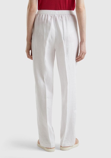  Kadın Beyaz %100 Keten Beli İpli Rahat Kalıp Pantolon